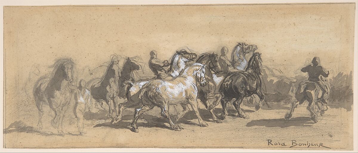Study for "The Horse Fair", Rosa Bonheur (French, Bordeaux 1822–1899 Thomery), Black chalk, gray wash, heightened with white 