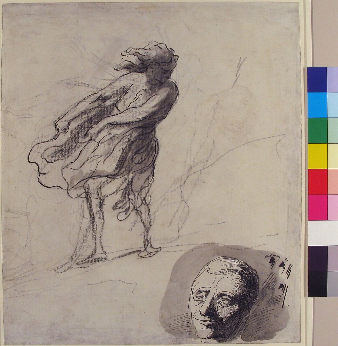 Sheet of Studies with a Dancer, Honoré Daumier (French, Marseilles 1808–1879 Valmondois), Black chalk, pen and black ink, gray wash (recto); black chalk (verso)