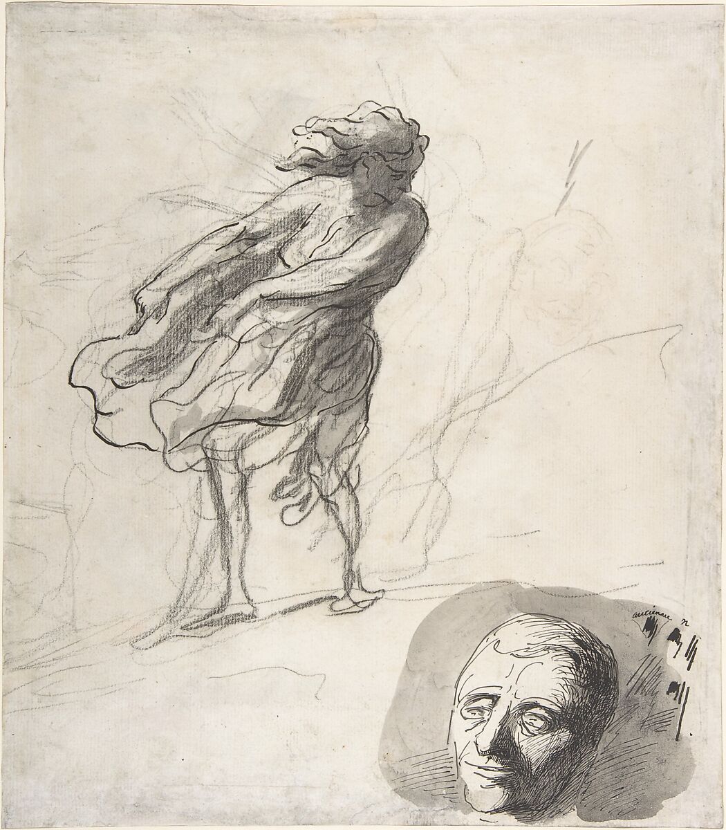 Sheet of Studies with a Dancer, Honoré Daumier (French, Marseilles 1808–1879 Valmondois), Black chalk, pen and black ink, gray wash (recto); black chalk (verso) 