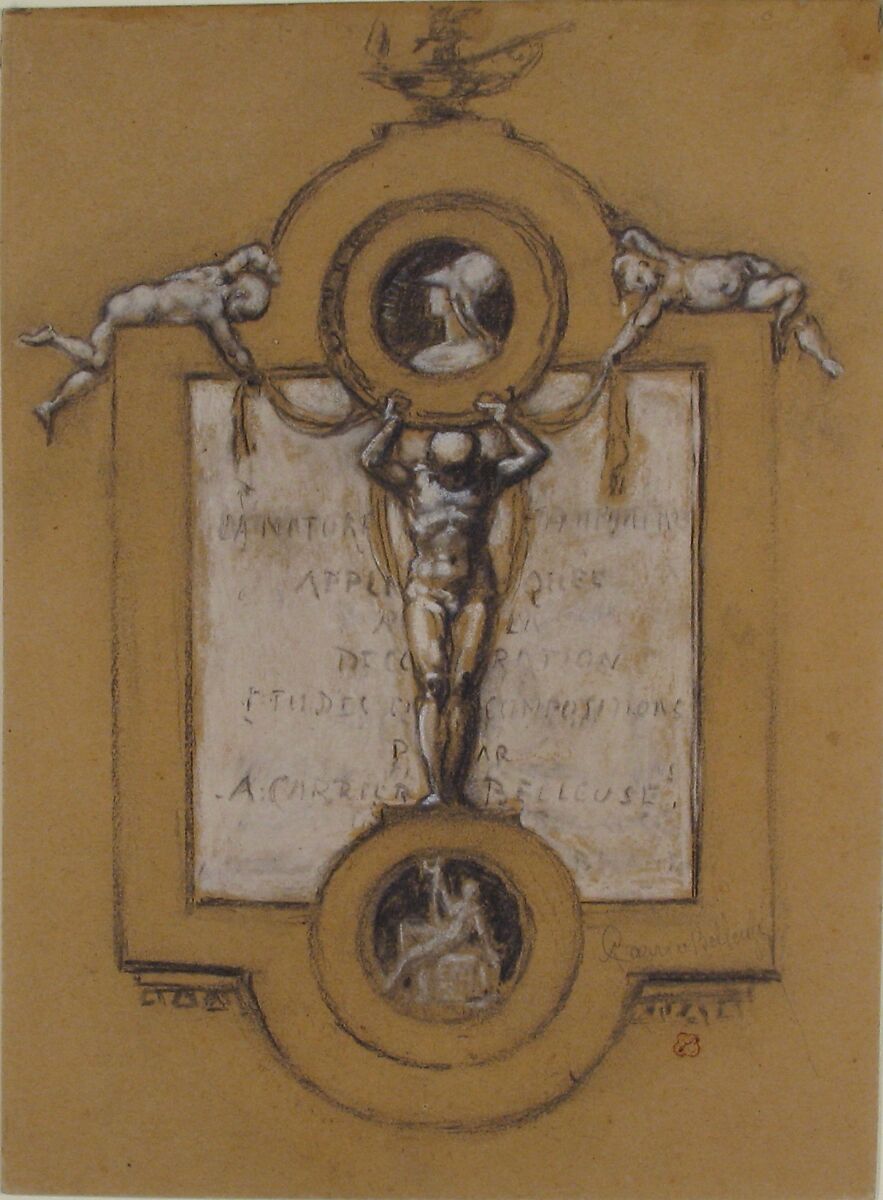Design for a Frontispiece, Albert-Ernest Carrier-Belleuse (French, Anizy-le-Château 1824–1887 Sèvres), Black chalk, white gouache