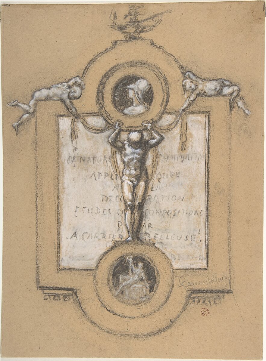 Design for a Frontispiece, Albert-Ernest Carrier-Belleuse (French, Anizy-le-Château 1824–1887 Sèvres), Black chalk, white gouache 