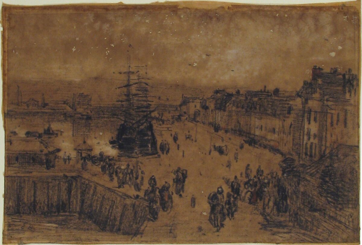 The Port, Trouville, Eugène Boudin (French, Honfleur 1824–1898 Deauville), Black chalk and charcoal, heightened with white and reddish crayon
