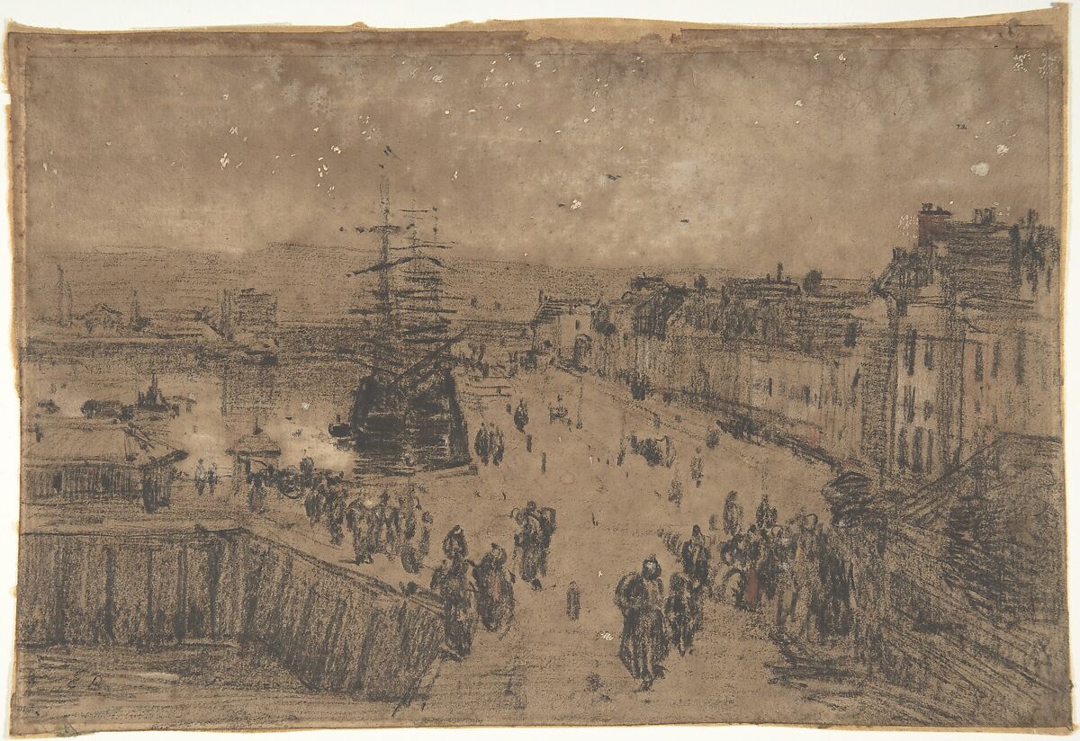 The Port, Trouville, Eugène Boudin (French, Honfleur 1824–1898 Deauville), Black chalk and charcoal, heightened with white and reddish crayon 