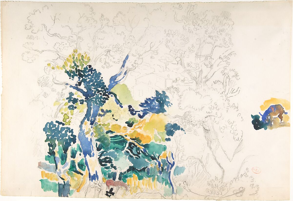 Study for "Underneath the Cork Oaks", Henri-Edmond Cross (Henri-Edmond Delacroix) (French, Douai 1856–1910 Saint-Clair), Watercolor over graphite 