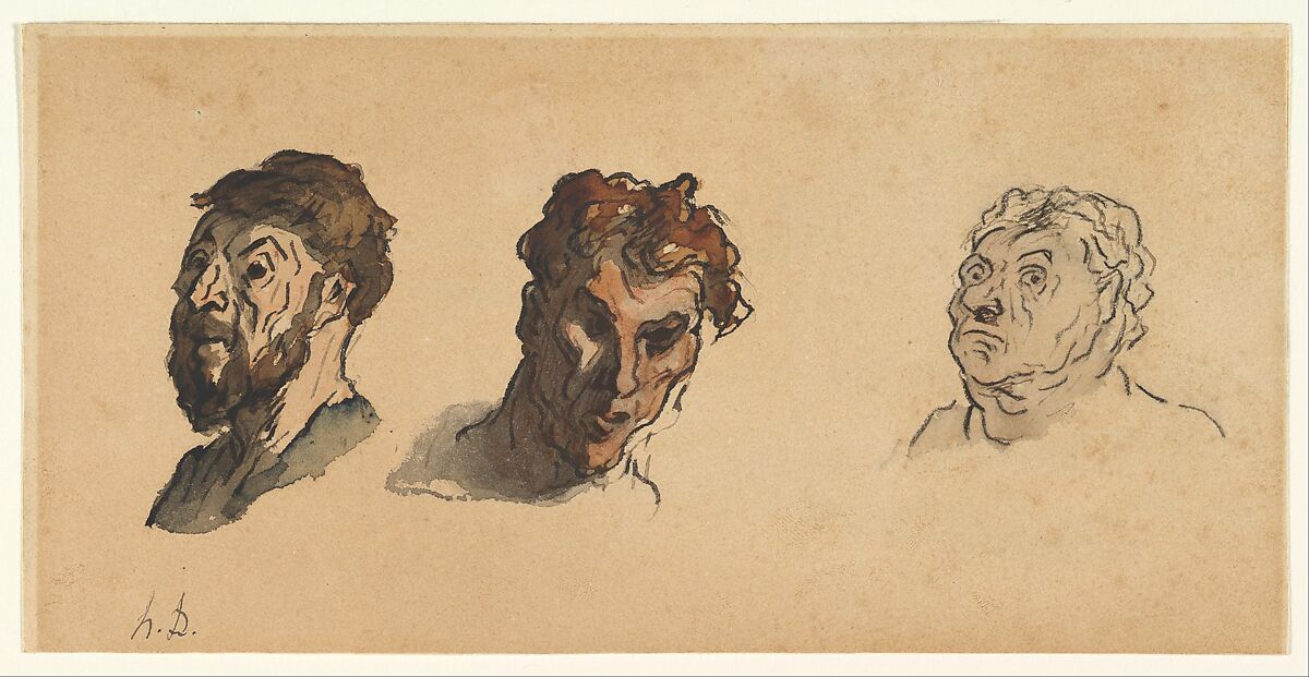 Three Male Heads, Honoré Daumier (French, Marseilles 1808–1879 Valmondois), Pen and black ink, red and brown wash, over black chalk; on beige paper, lined 