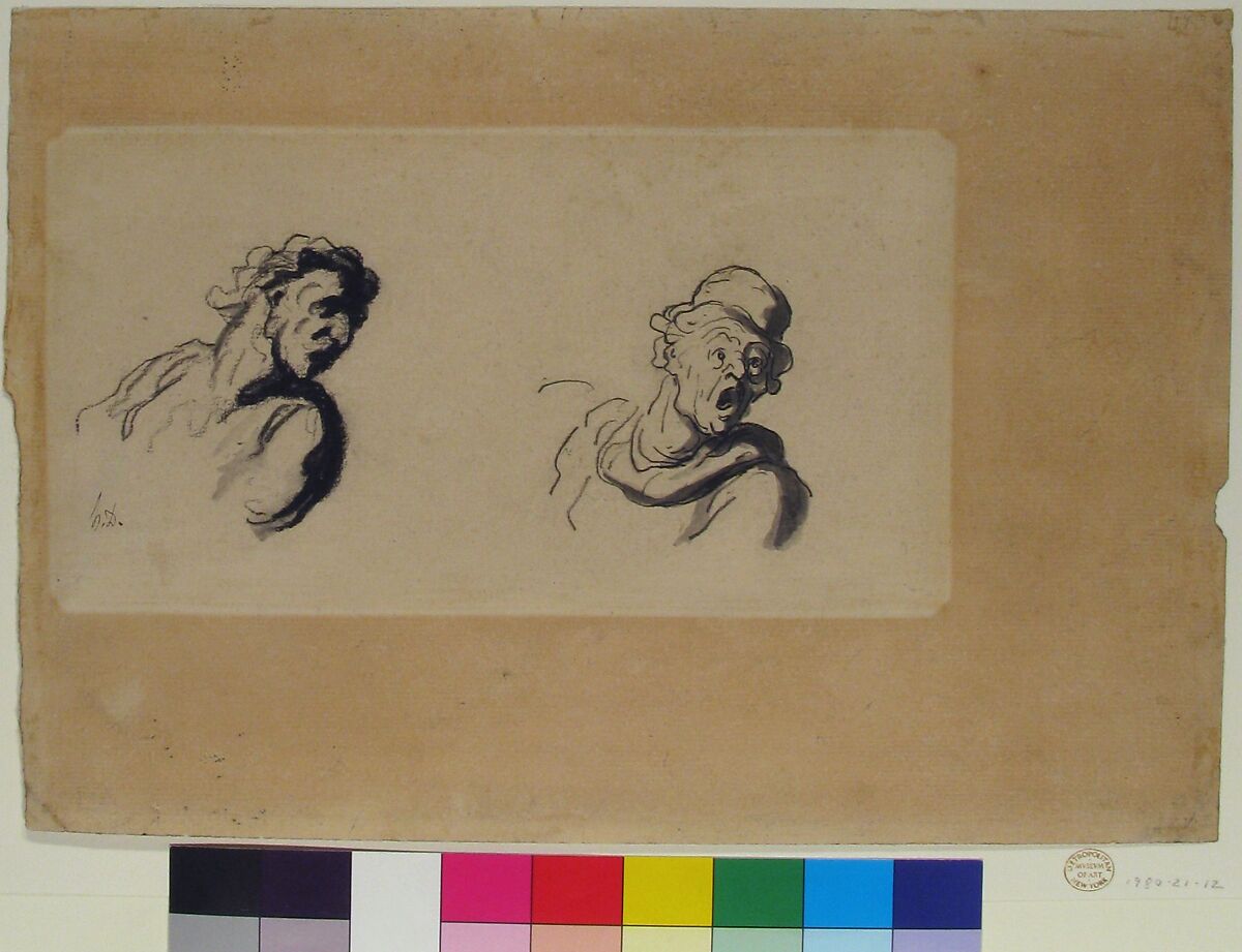 Two Male Heads, Honoré Daumier (French, Marseilles 1808–1879 Valmondois), Conté crayon and wash. Laid paper.