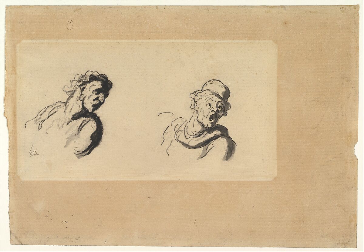 Two Male Heads, Honoré Daumier (French, Marseilles 1808–1879 Valmondois), Conté crayon and wash. Laid paper. 