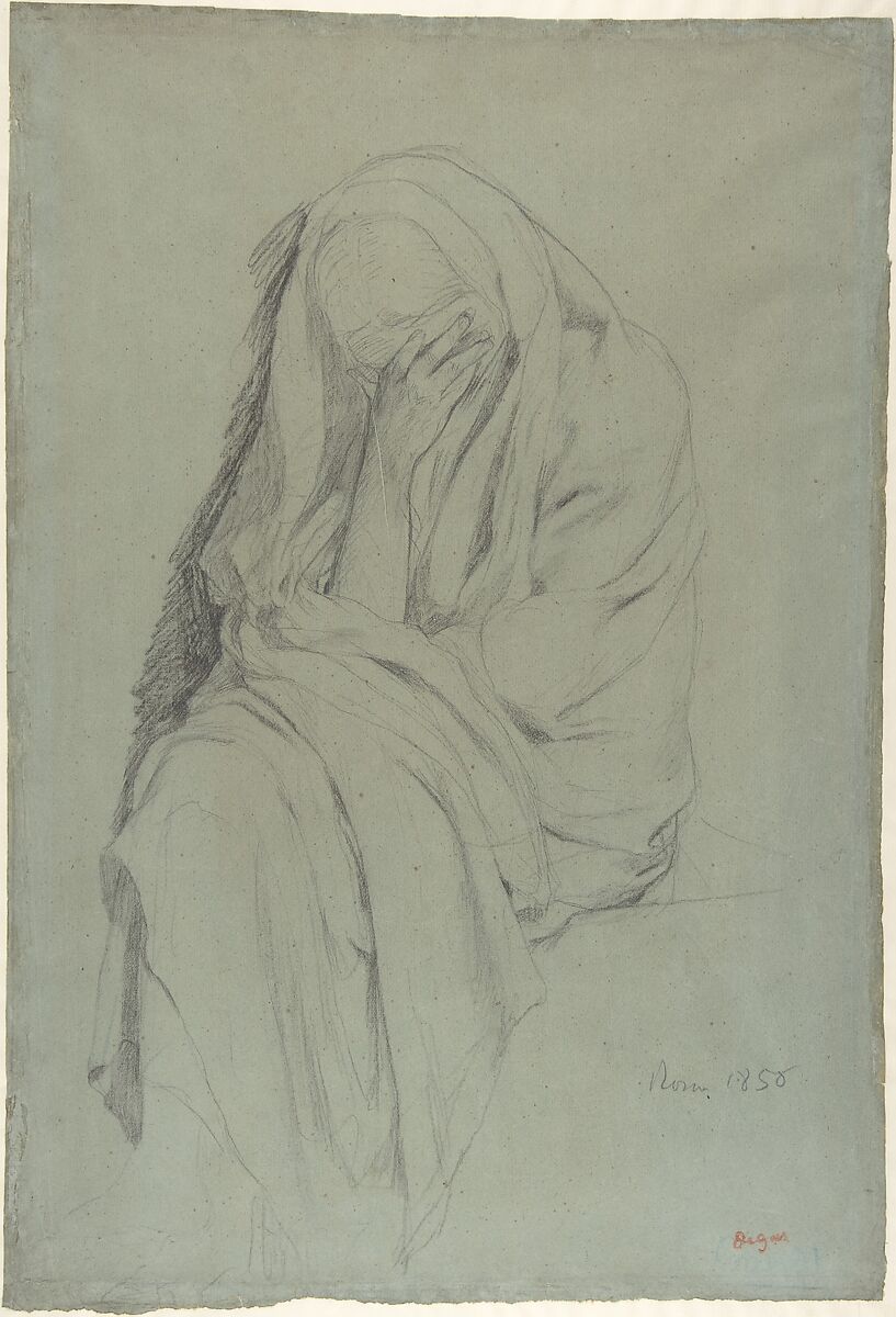 Study for Vieille Italienne(recto); Drapery Study (verso), Edgar Degas (French, Paris 1834–1917 Paris), Graphite on blue paper. Verso: graphite 