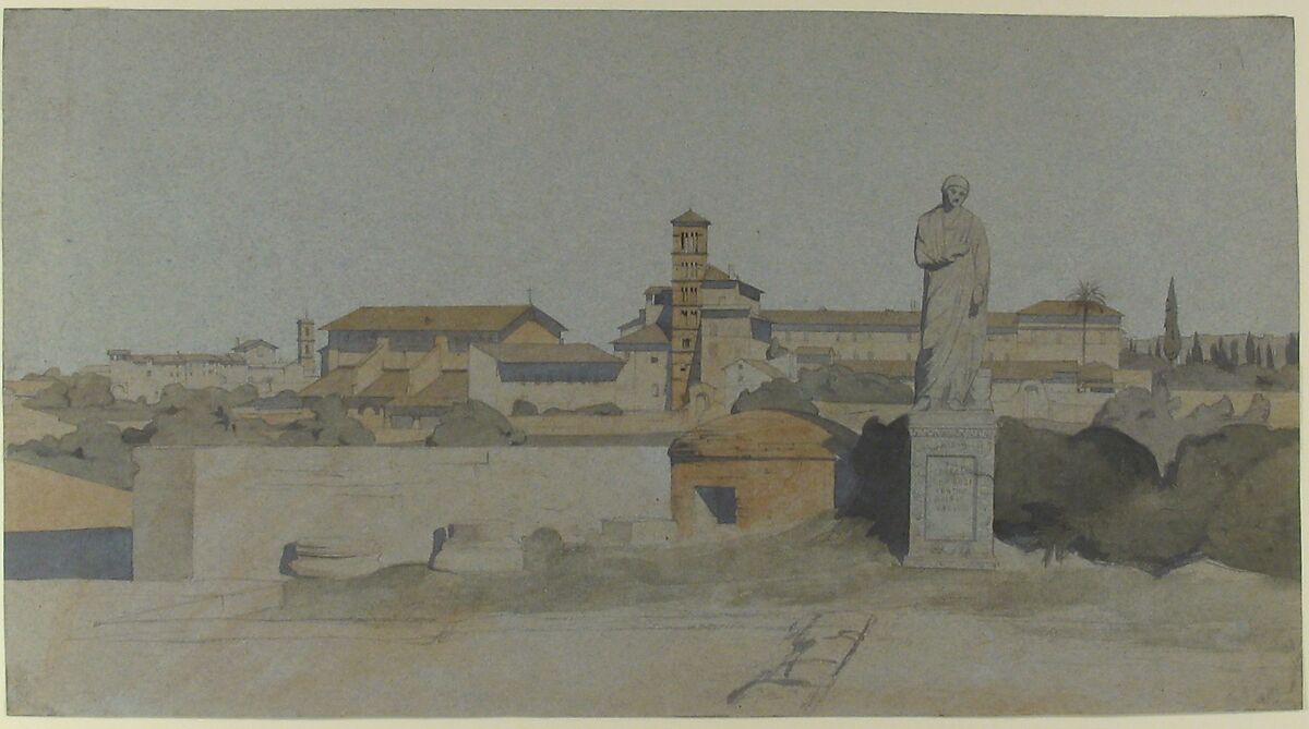 SS. Giovanni e Paolo, seen from the Villa Mattei, Rome, Jean-Achille Benouville (French, Paris 1815–1891 Paris), Watercolor over graphite on blue-gray paper