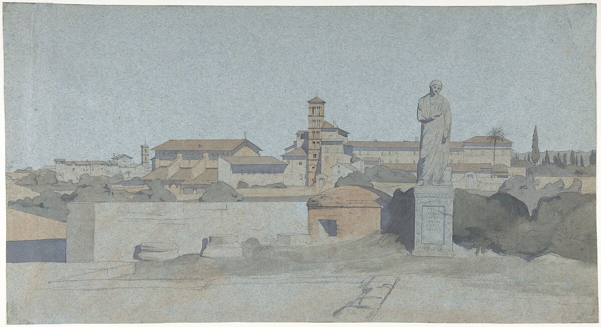 SS. Giovanni e Paolo, seen from the Villa Mattei, Rome, Jean-Achille Benouville (French, Paris 1815–1891 Paris), Watercolor over graphite on blue-gray paper 