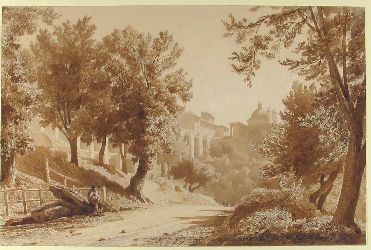 View of Ariccia, Jean-Achille Benouville (French, Paris 1815–1891 Paris), Brown wash over black chalk and graphite, heightened with watercolor