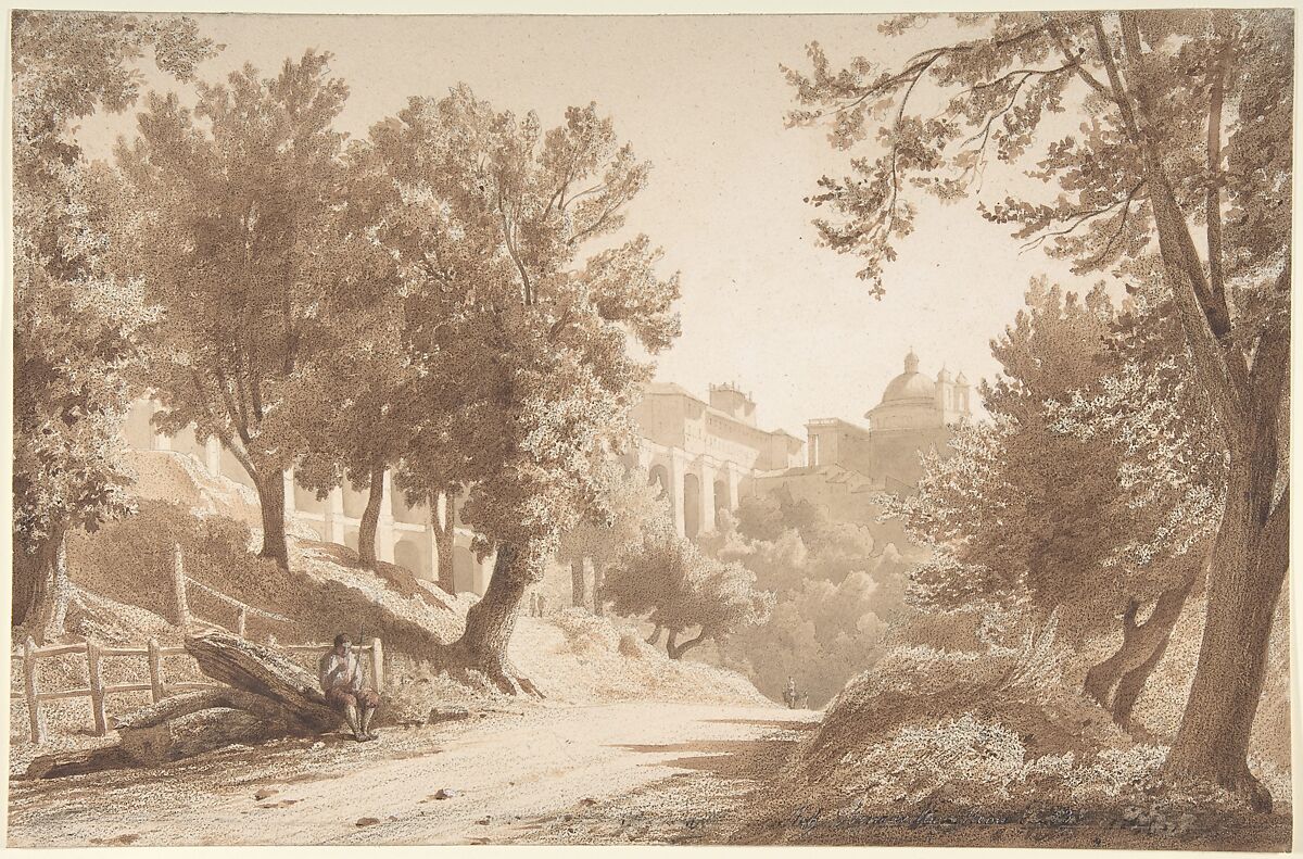 View of Ariccia, Jean-Achille Benouville (French, Paris 1815–1891 Paris), Brown wash over black chalk and graphite, heightened with watercolor 