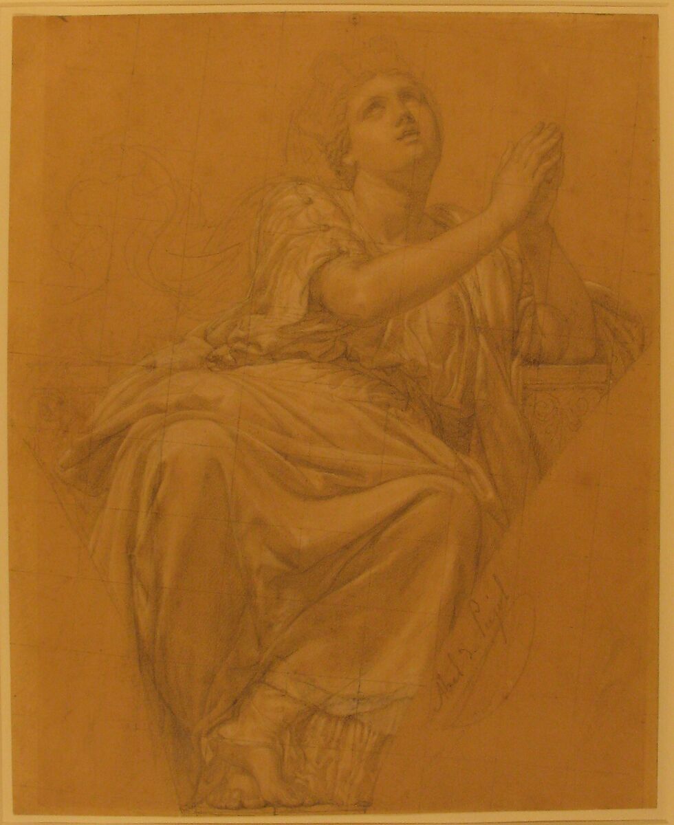 Allegorical Figure of the City of Piacenza, for a Pendentive in the Chapel of Saint-Roch, Church of Saint-Sulpice, Paris (recto); Studies for the Same Figure (verso), Alexandre Denis Abel de Pujol (French, Valenciennes 1785–1861 Paris), Graphite, heightened with white on beige paper; squared in graphite