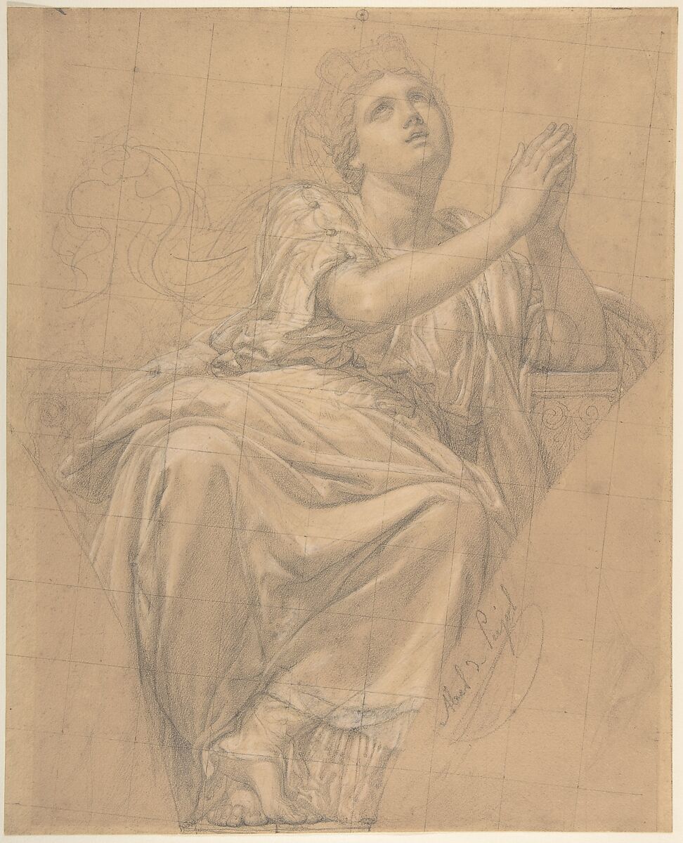 Allegorical Figure of the City of Piacenza, for a Pendentive in the Chapel of Saint-Roch, Church of Saint-Sulpice, Paris (recto); Studies for the Same Figure (verso), Alexandre Denis Abel de Pujol (French, Valenciennes 1785–1861 Paris), Graphite, heightened with white on beige paper; squared in graphite 