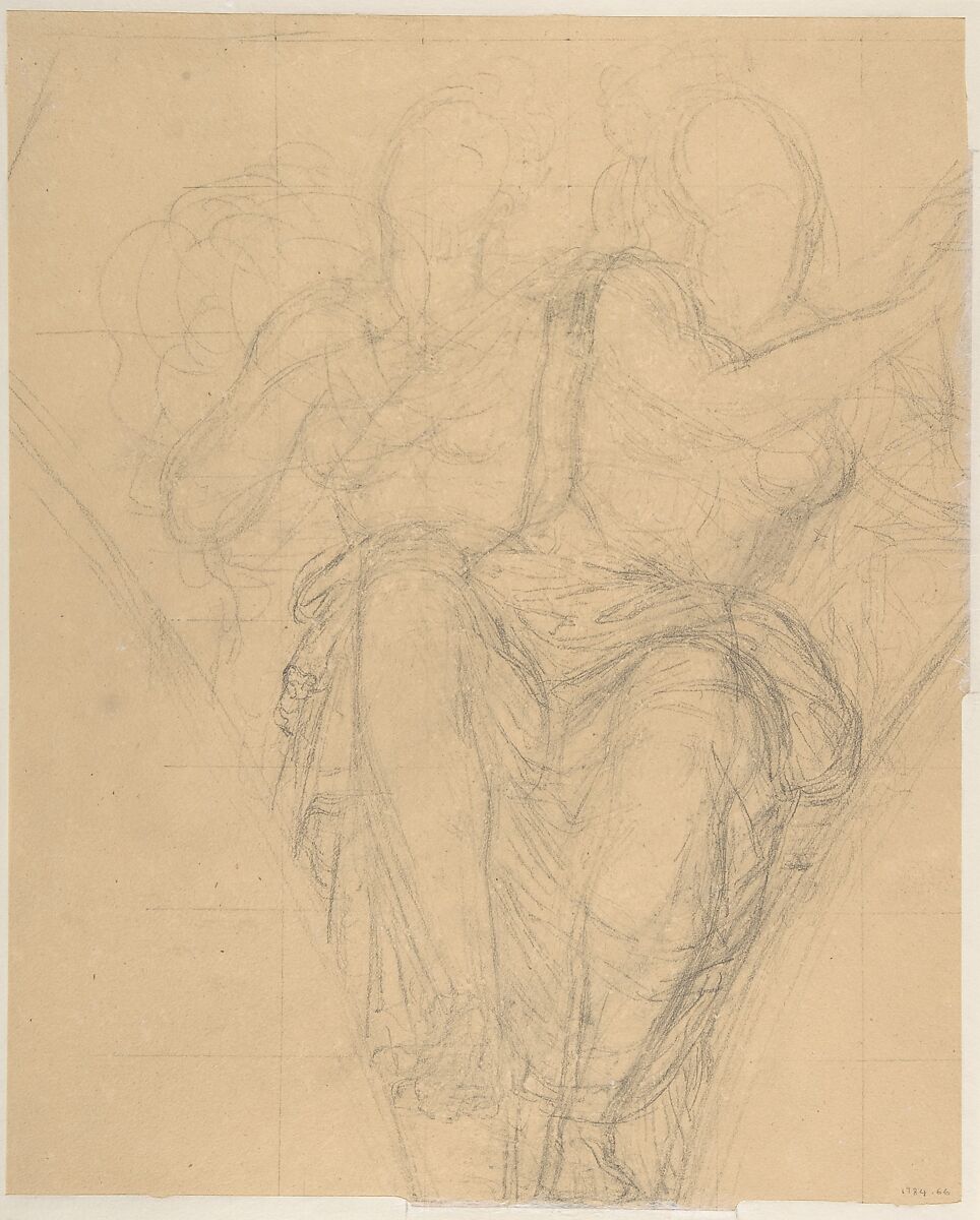 Allegorical Figure of the City of Piacenza, for a Pendentive in the Chapel of Saint-Roch, Church of Saint-Sulpice, Paris (recto); Studies for the Same Figure (verso), Alexandre Denis Abel de Pujol (French, Valenciennes 1785–1861 Paris), Graphite, heightened with white on beige paper; squared in graphite