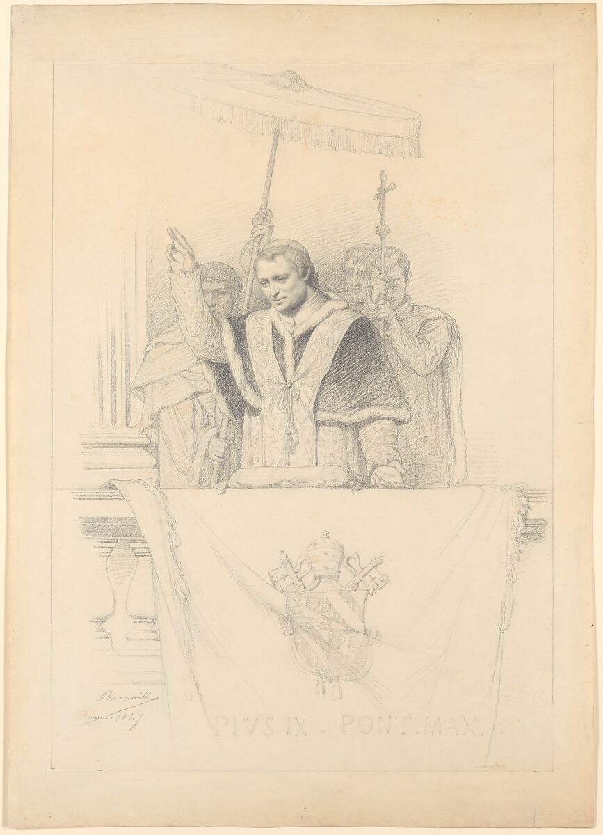 Pope Pius IX Imparting the Blessing Urbi et Orbi, François-Léon Benouville (French, Paris 1821–1859 Paris), Graphite 