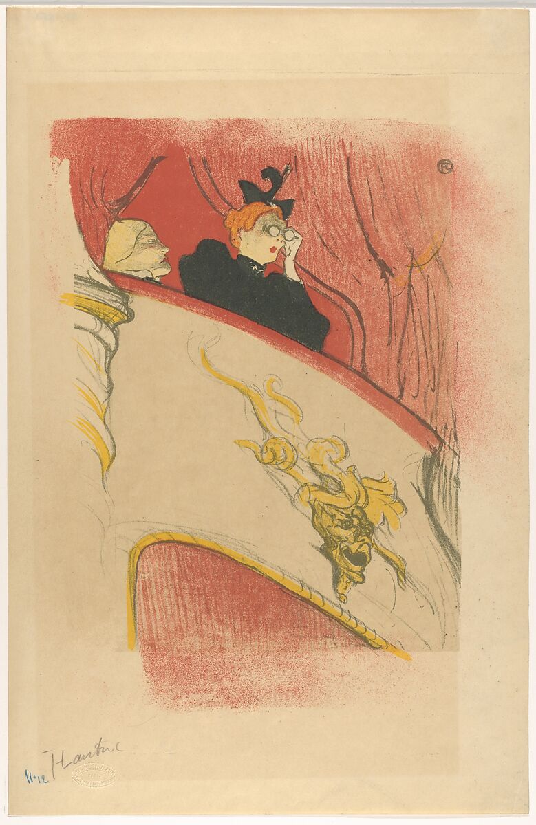 The Box with the Gilded Mask, Henri de Toulouse-Lautrec (French, Albi 1864–1901 Saint-André-du-Bois), Crayon, brush, and spatter lithograph with scraper printed in five colors on imitation japan paper; only state 