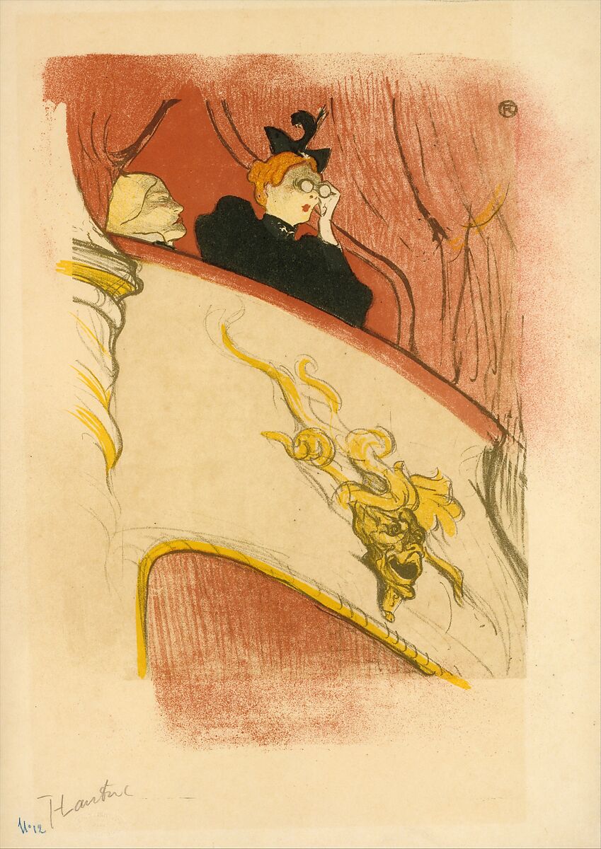 The Box with the Gilded Mask, Henri de Toulouse-Lautrec (French, Albi 1864–1901 Saint-André-du-Bois), Crayon, brush, and spatter lithograph with scraper printed in five colors on imitation japan paper; only state