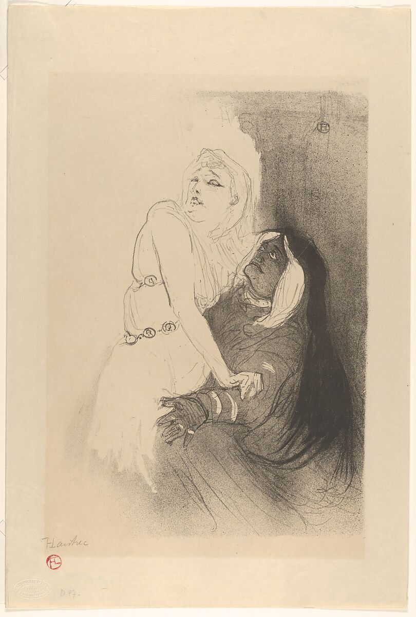 At the Théâtre de la Renaissance:  Sarah Bernhardt in Phèdre, Henri de Toulouse-Lautrec (French, Albi 1864–1901 Saint-André-du-Bois), Crayon, brush, and spatter lithograph printed in black on wove paper 