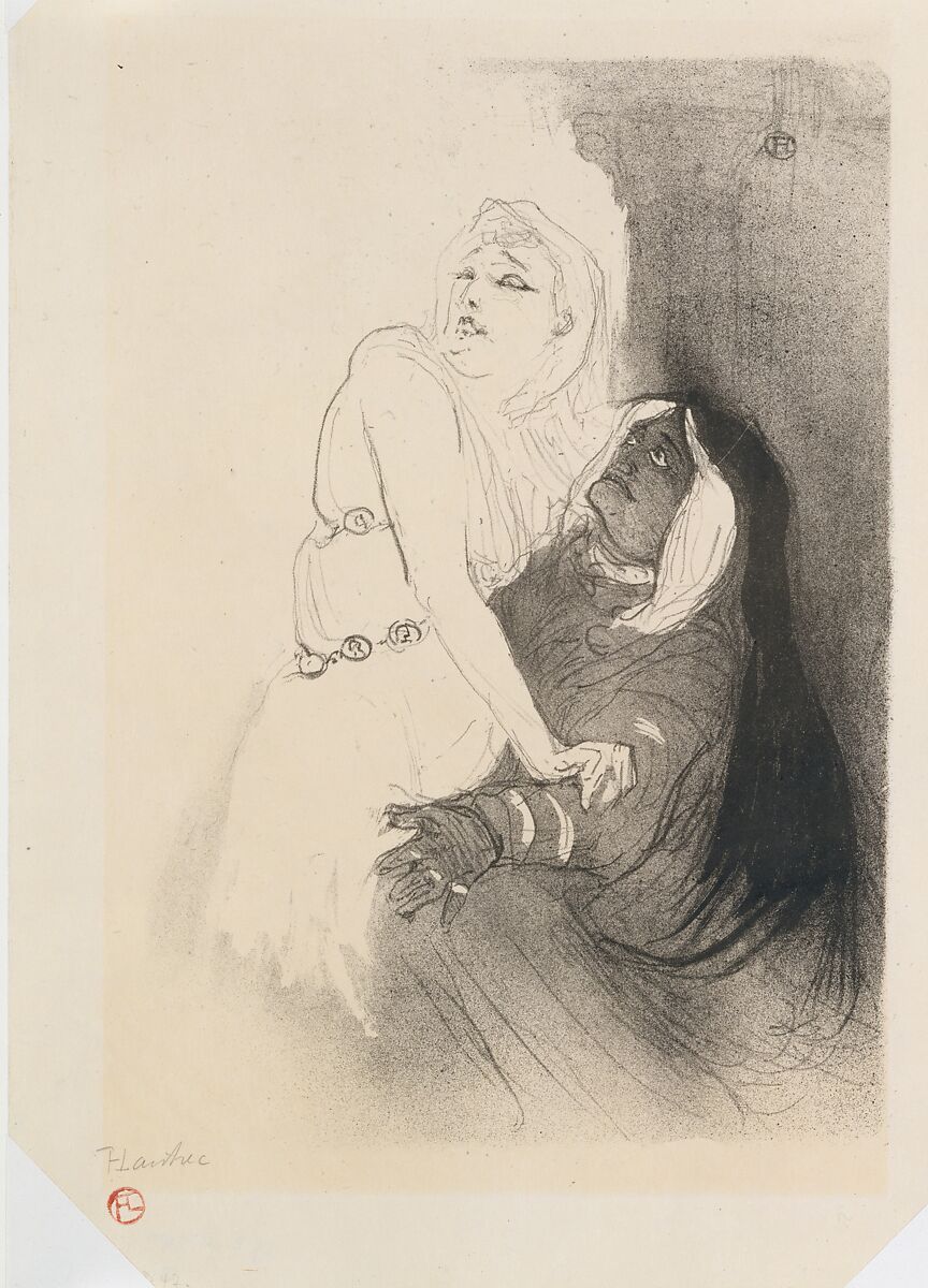 At the Théâtre de la Renaissance:  Sarah Bernhardt in Phèdre, Henri de Toulouse-Lautrec (French, Albi 1864–1901 Saint-André-du-Bois), Crayon, brush, and spatter lithograph printed in black on wove paper