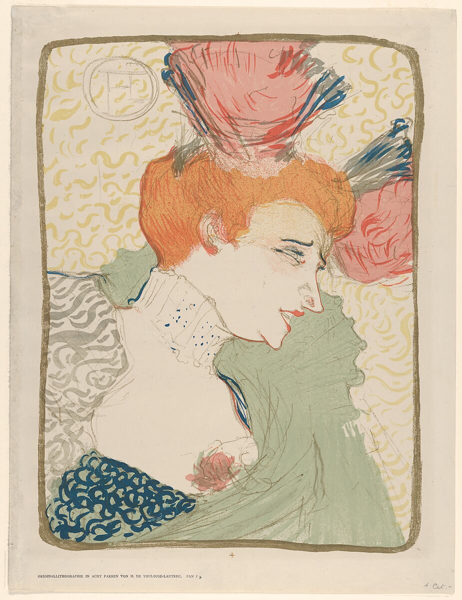 Portrait Bust of Mademoiselle Marcelle Lender, Henri de Toulouse-Lautrec (French, Albi 1864–1901 Saint-André-du-Bois), Crayon, brush, and spatter lithograph printed in eigt colors with letterpress text on wove paper; fourth state of four (Pan edition 1895) 