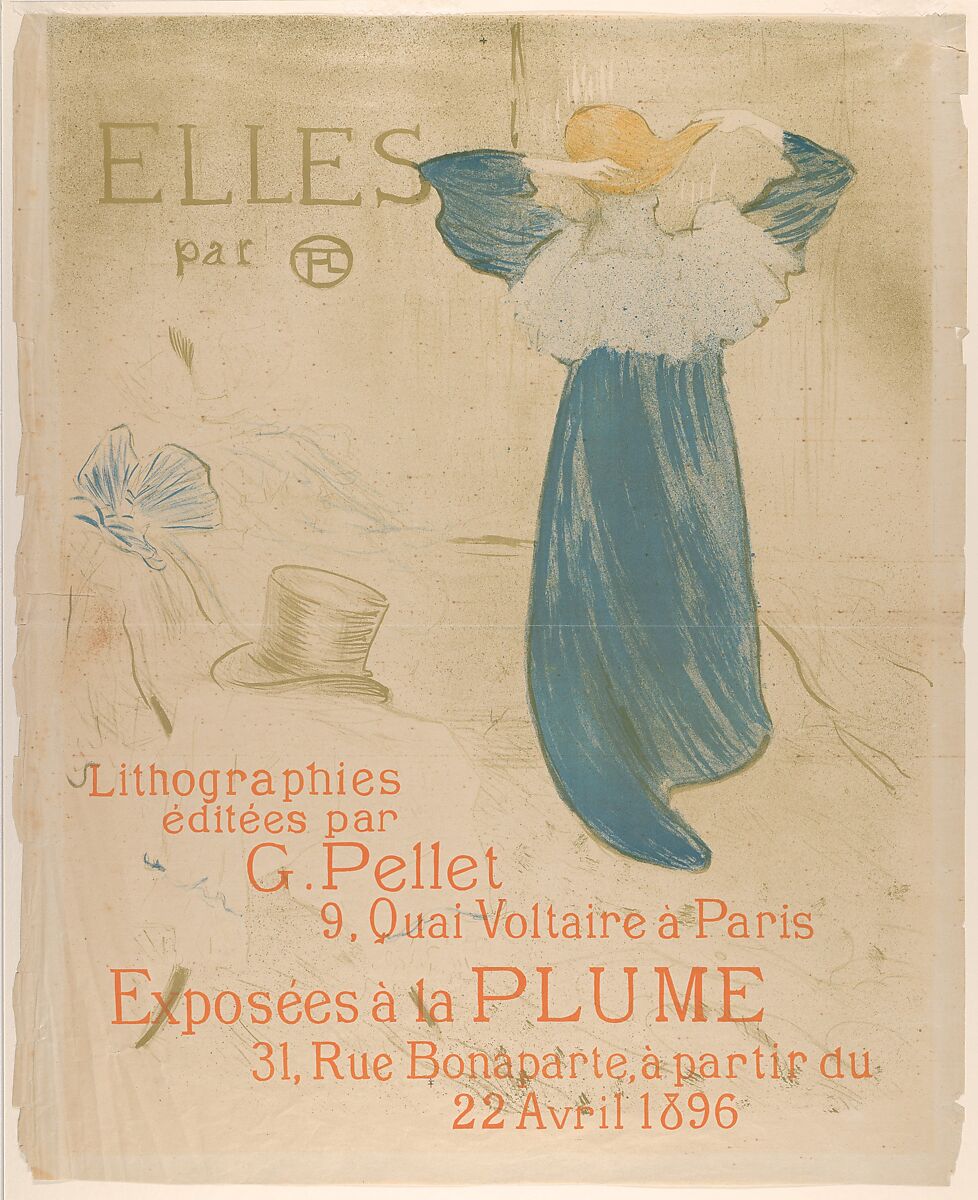 Elles (poster for 1896 exhibition at La Plume), Henri de Toulouse-Lautrec (French, Albi 1864–1901 Saint-André-du-Bois), Crayon, brush, and spatter lithograph printed in four colors on beige wove paper; third state of three (poster edition) 