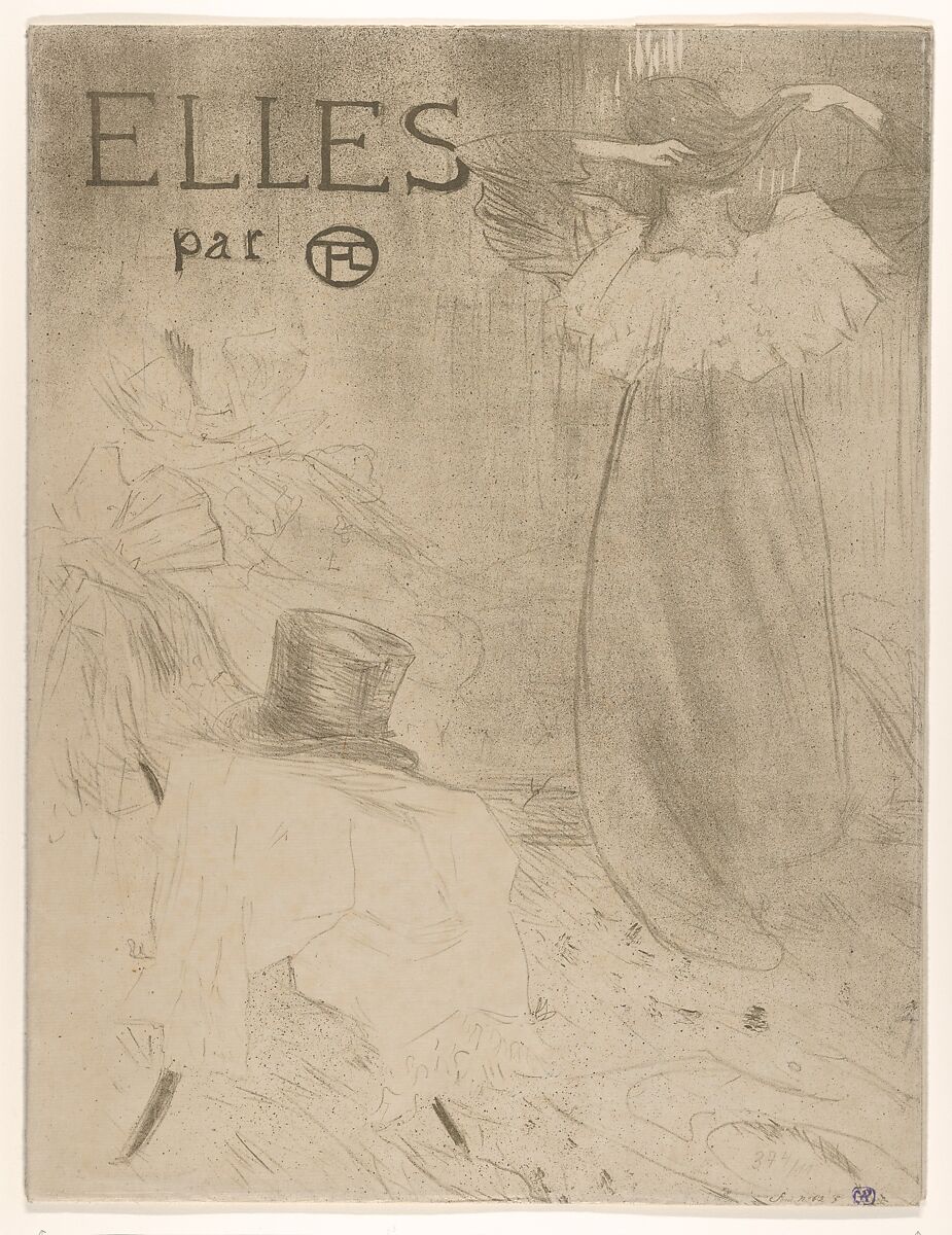 Elles (portfolio cover), Henri de Toulouse-Lautrec (French, Albi 1864–1901 Saint-André-du-Bois), Crayon, brush, and spatter lithograph printed in olive green black on Japan paper; first state of three 