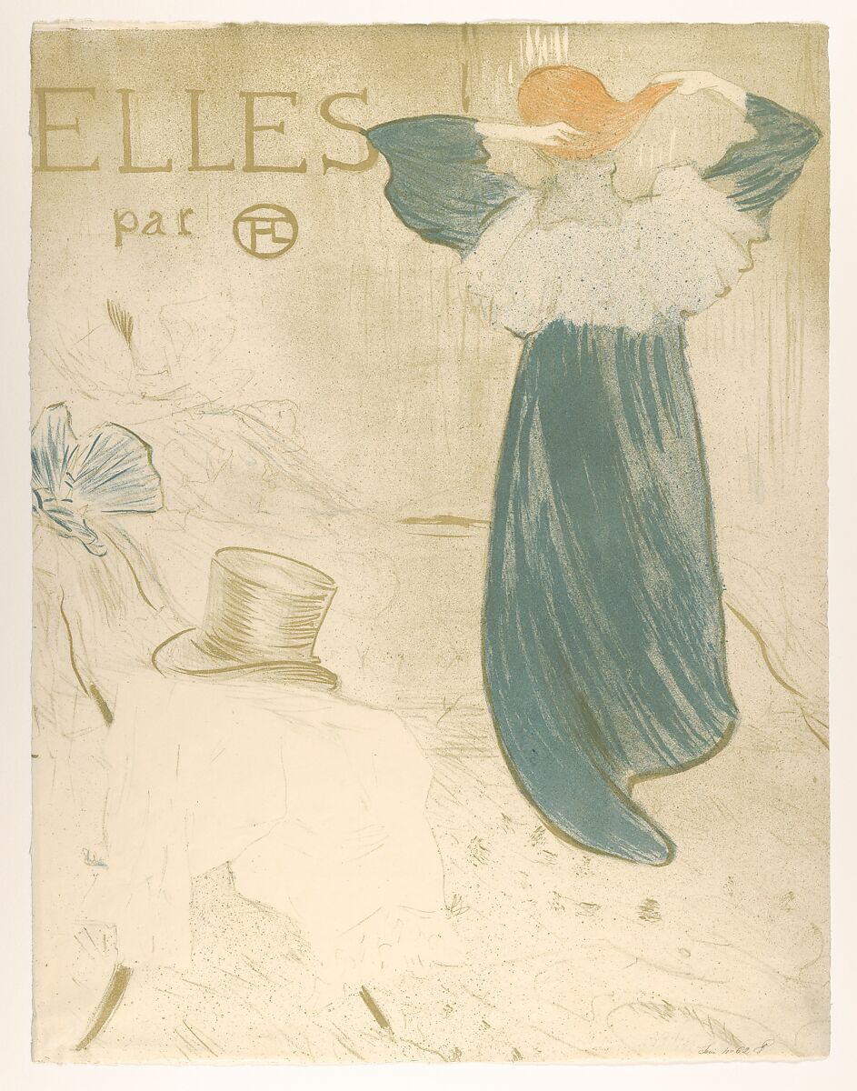 Elles (portfolio cover), Henri de Toulouse-Lautrec (French, Albi 1864–1901 Saint-André-du-Bois), Crayon, brush, and spatter lithograph printed in three colors on wove paper; second state of three (frontispiece edition) 