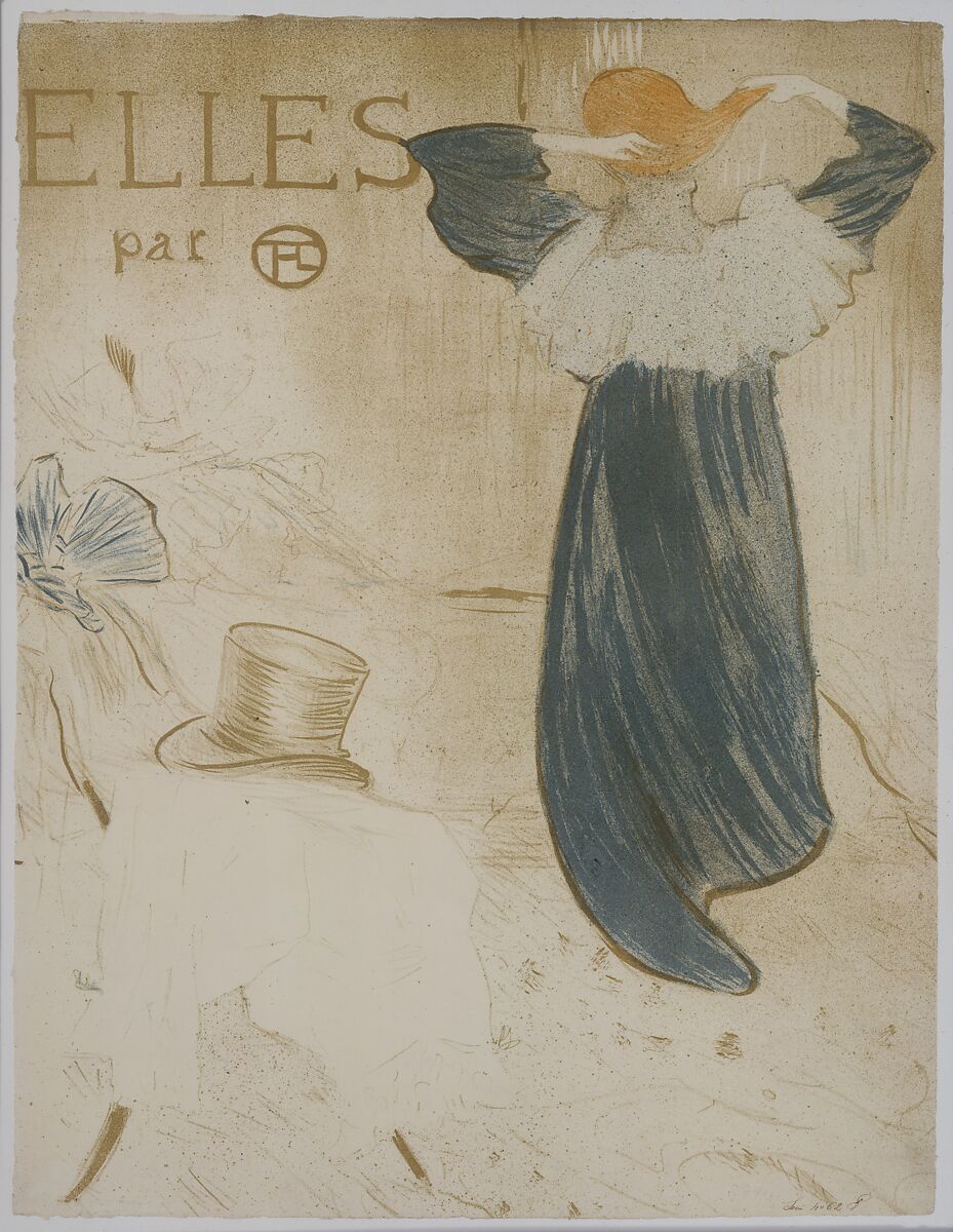 Elles (portfolio cover), Henri de Toulouse-Lautrec (French, Albi 1864–1901 Saint-André-du-Bois), Crayon, brush, and spatter lithograph printed in three colors on wove paper; second state of three (frontispiece edition)
