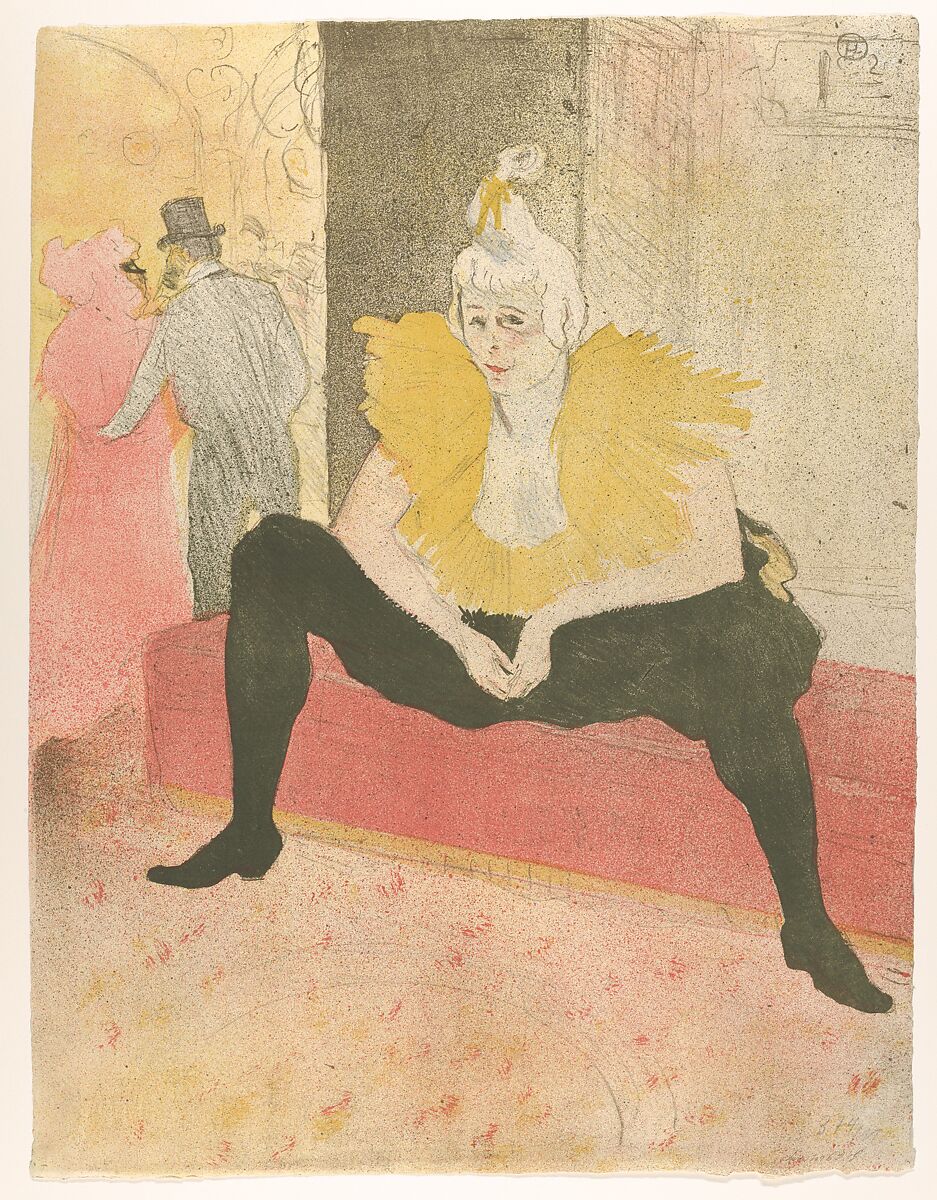 The Seated Clowness (Mademoiselle Cha-u-ka-o), from "Elles", Henri de Toulouse-Lautrec (French, Albi 1864–1901 Saint-André-du-Bois), Crayon, brush, and spatter lithograph with scraper printed in five colors on wove paper with watermark (G. Pellet / T. Lautrec); only state 