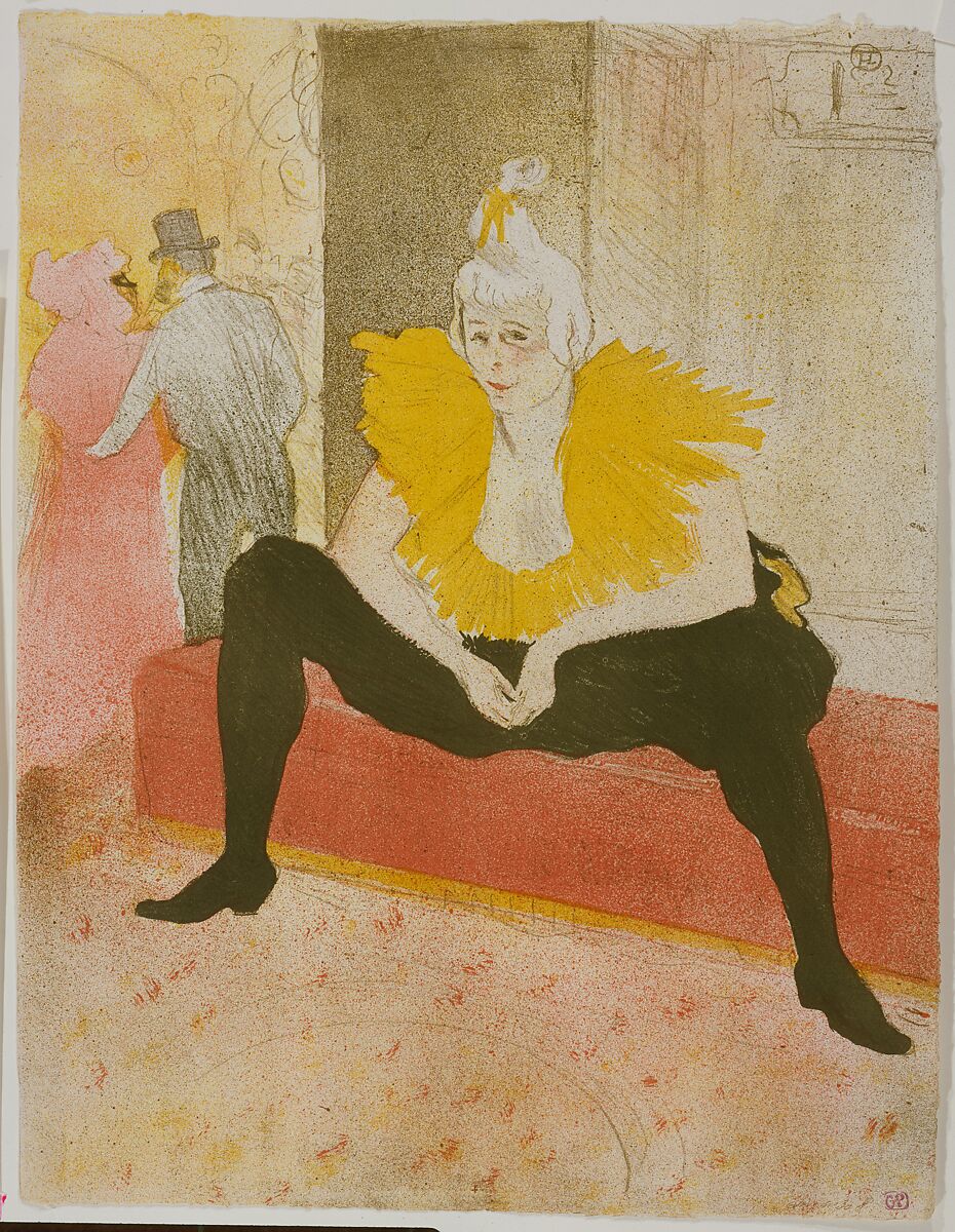 The Seated Clowness (Mademoiselle Cha-u-ka-o), from "Elles", Henri de Toulouse-Lautrec (French, Albi 1864–1901 Saint-André-du-Bois), Crayon, brush, and spatter lithograph with scraper printed in five colors on wove paper with watermark (G. Pellet / T. Lautrec); only state