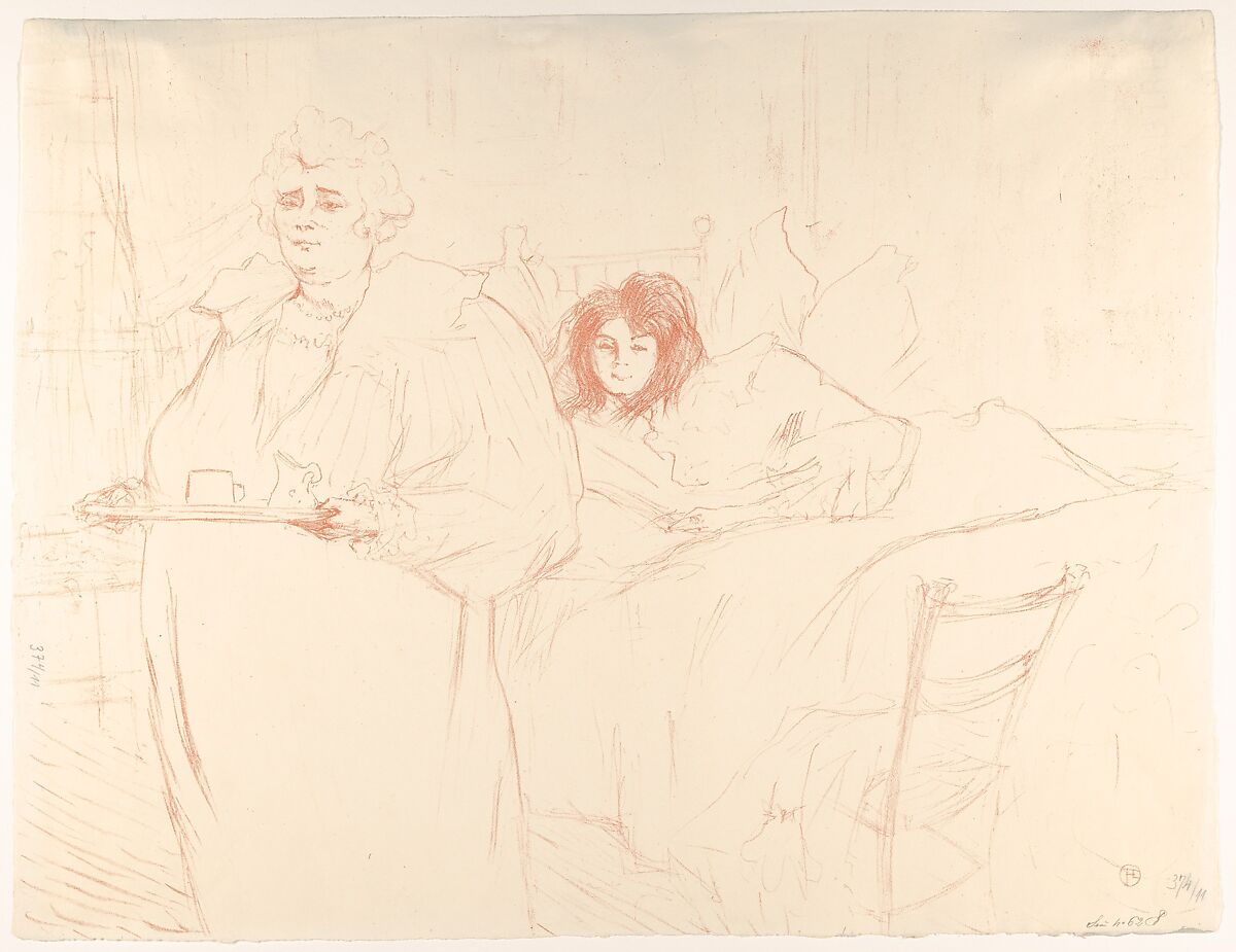 Serving Breakfast (Madame Baron and Mademoiselle Popo), Henri de Toulouse-Lautrec (French, Albi 1864–1901 Saint-André-du-Bois), Lithograph printed in red chalk on wove paper 