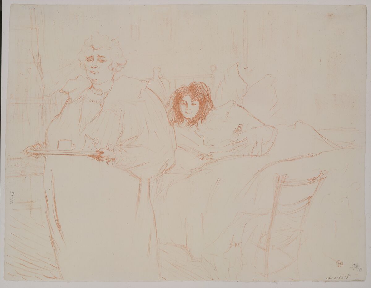 Serving Breakfast (Madame Baron and Mademoiselle Popo), from "Elles", Henri de Toulouse-Lautrec (French, Albi 1864–1901 Saint-André-du-Bois), Lithograph printed in red chalk on wove paper