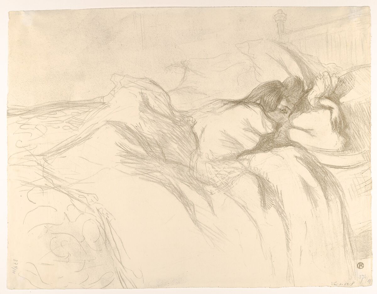 Waking Up, from "Elles", Henri de Toulouse-Lautrec (French, Albi 1864–1901 Saint-André-du-Bois), Lithograph printed in drab green on wove paper 