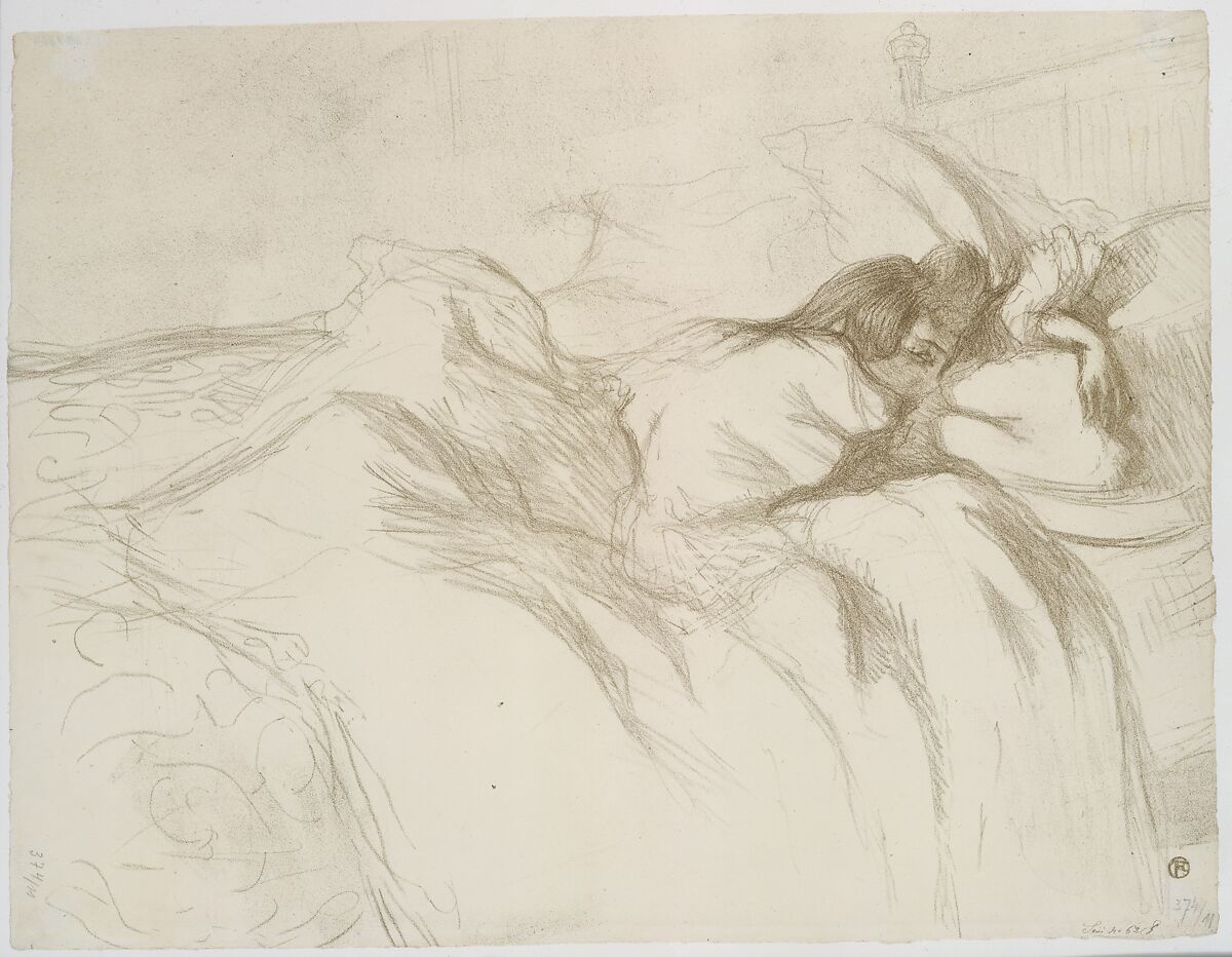 Waking Up, from "Elles", Henri de Toulouse-Lautrec (French, Albi 1864–1901 Saint-André-du-Bois), Lithograph printed in drab green on wove paper
