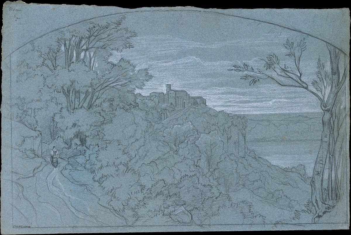 The Town and Lake of Nemi, Edouard Bertin (French, Paris 1797–1871 Paris), Graphite and black chalk, heightened with white on blue paper