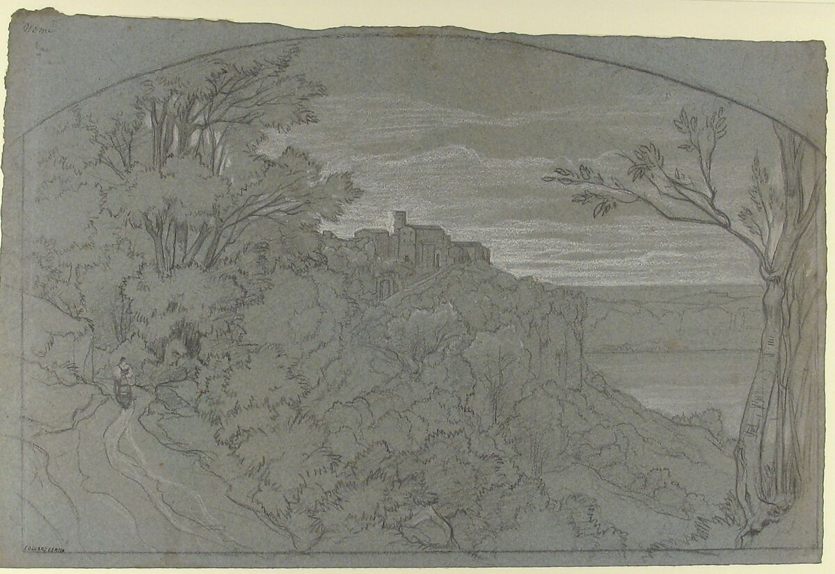 The Town and Lake of Nemi, Edouard Bertin (French, Paris 1797–1871 Paris), Graphite and black chalk, heightened with white on blue paper