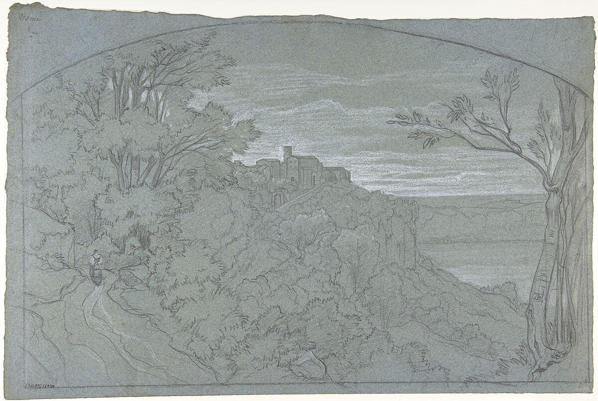 The Town and Lake of Nemi, Edouard Bertin (French, Paris 1797–1871 Paris), Graphite and black chalk, heightened with white on blue paper 