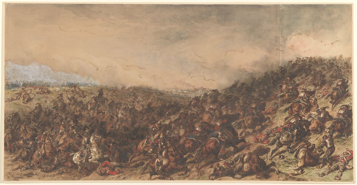 Battle Scene (Waterloo), Hippolyte Bellangé (French, 1800–1866), Pen and brown ink, brown and gray wash, watercolor and gouache, with touches of black chalk 