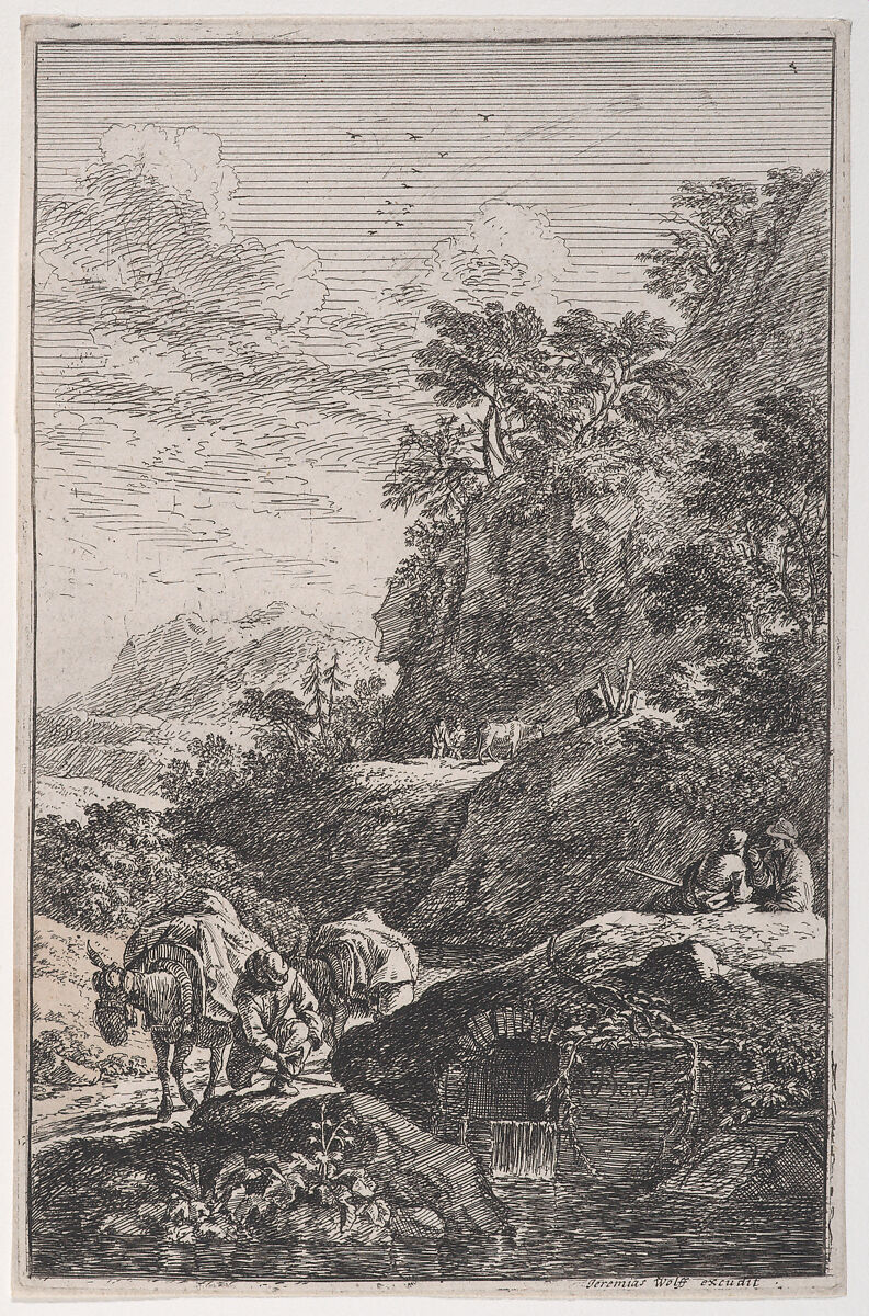 Plate 1: a peasant checking the hoof of his mule by a stream, from "Landscapes in the manner of Salvator Rosa" (Die Landschaften in Sal. Rosa's), Franz Joachim Beich (German, Ravensburg 1665–1745 Munich), Etching; second state of four 