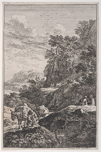 Plate 1: a peasant checking the hoof of his mule by a stream, from 