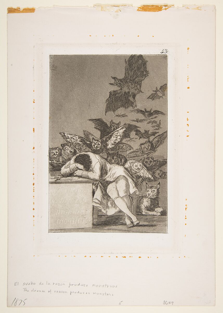 Plate 43 from "Los Caprichos": The sleep of reason produces monsters (El sueño de la razon produce monstruos), Goya (Francisco de Goya y Lucientes) (Spanish, Fuendetodos 1746–1828 Bordeaux), Etching, aquatint on wove paper 