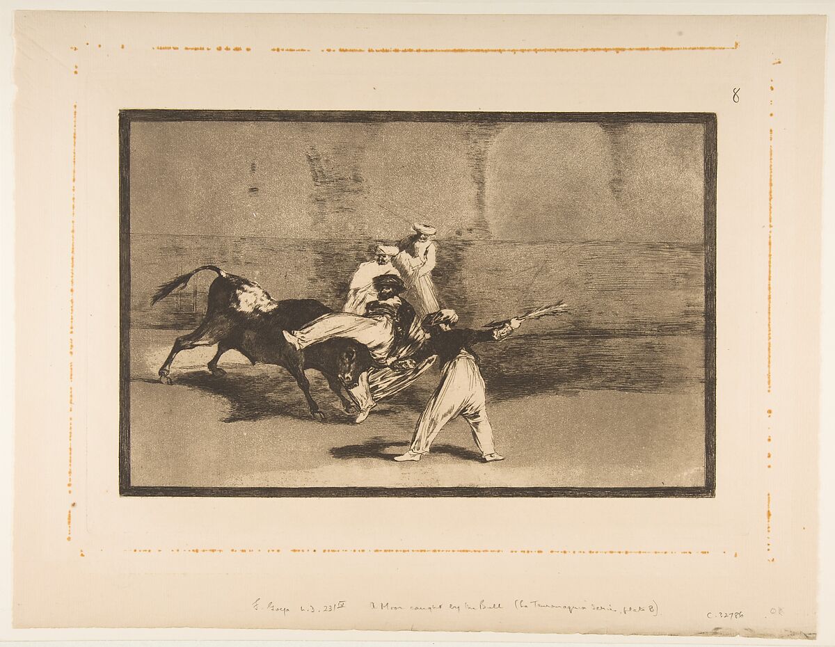 Plate 8 from "Tauromaquia": A moor caught by the bull in the ring, Goya (Francisco de Goya y Lucientes) (Spanish, Fuendetodos 1746–1828 Bordeaux), Etching, burnished aquatint, drypoint 