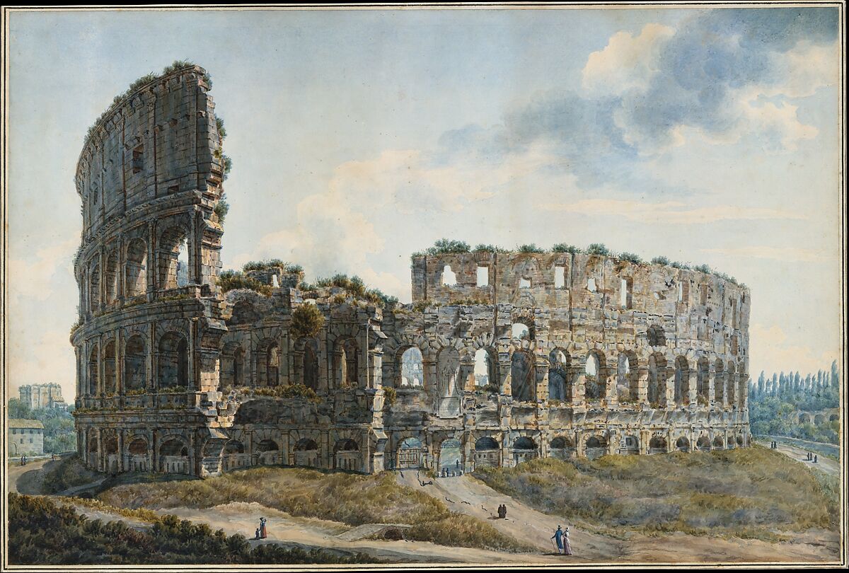 The Colosseum, Rome, Abraham Louis Rodolphe Ducros (Swiss, Yverdon 1748–1810 Lausanne), Pen and brown ink, watercolor, heightened with white 