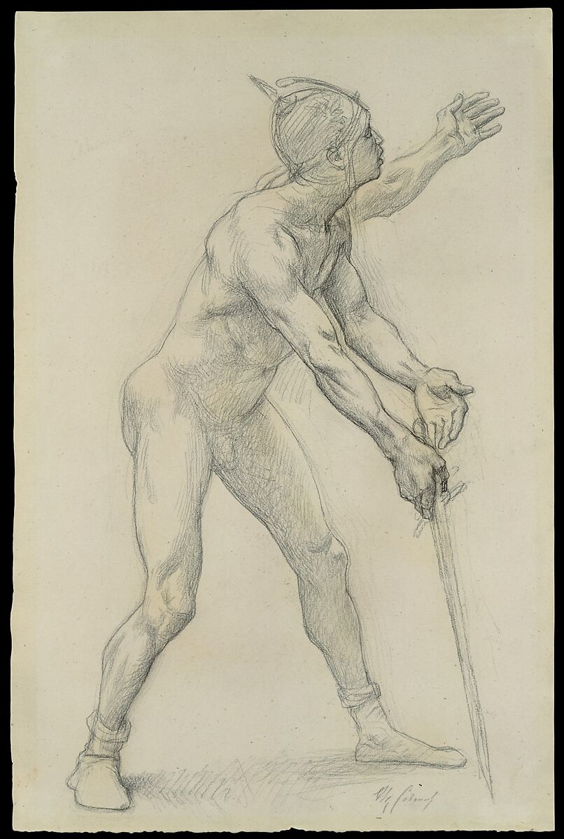 Nude Male Figure with a Sword, Alexandre Cabanel (French, Montpellier 1823–1889 Paris), Black chalk