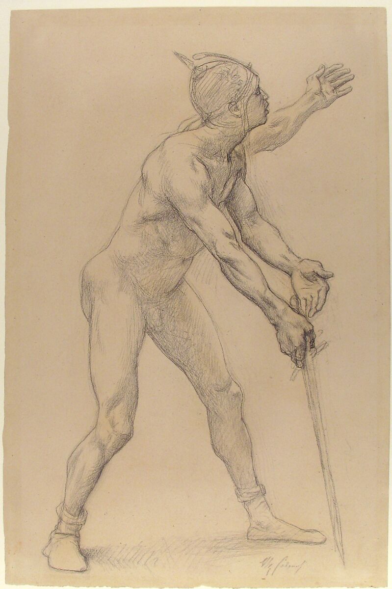 Nude Male Figure with a Sword, Alexandre Cabanel (French, Montpellier 1823–1889 Paris), Black chalk
