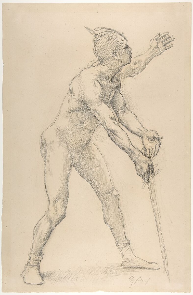 Nude Male Figure with a Sword, Alexandre Cabanel (French, Montpellier 1823–1889 Paris), Black chalk 