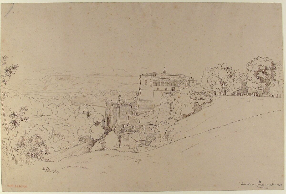 Castello Colonna at Genazzano, Italy, Théodore Caruelle d'Aligny (French, Chaumes, Nièvre 1798–1871 Lyon), Pen and brown ink, over traces of graphite, on cream-colored laid paper