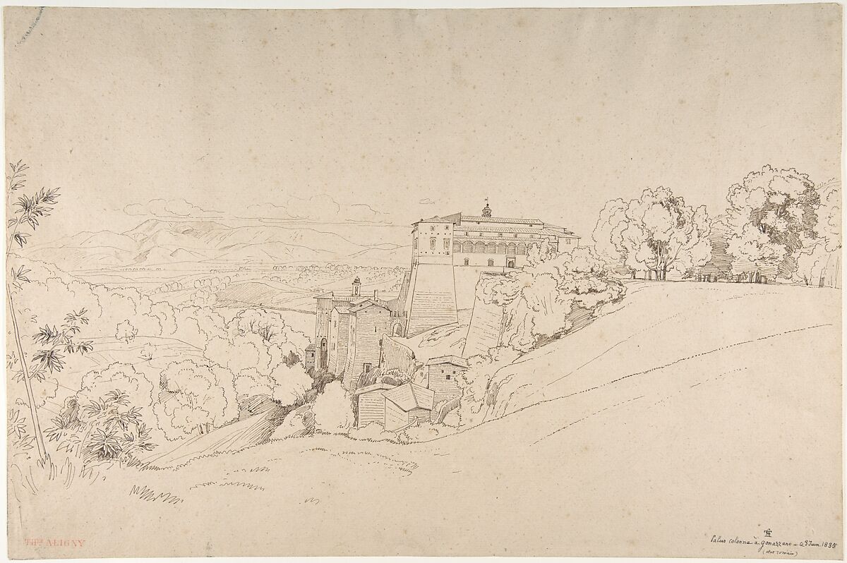 Castello Colonna at Genazzano, Italy, Théodore Caruelle d&#39;Aligny (French, Chaumes, Nièvre 1798–1871 Lyon), Pen and brown ink, over traces of graphite, on cream-colored laid paper 