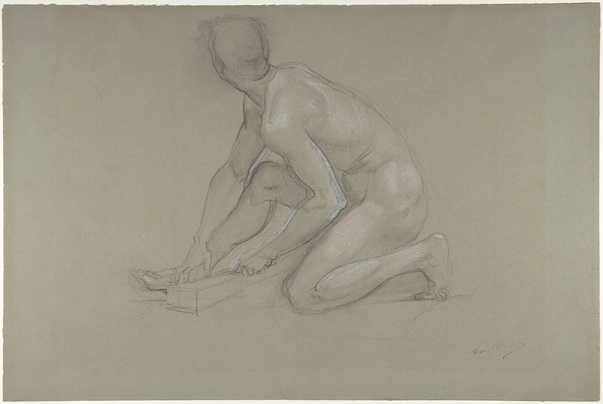 Crouching Nude Male Figure, Paul Baudry (French, 1828–1886), Black chalk, heightened with white, on gray paper 